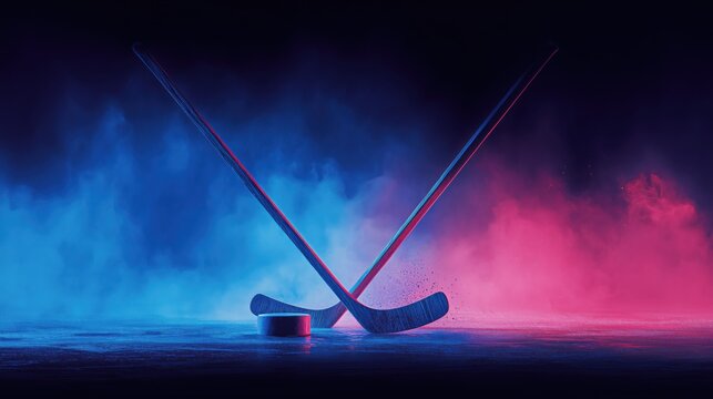 Crossed ice hockey sticks and puck on ice with dramatic blue and red neon lighting and smoke.