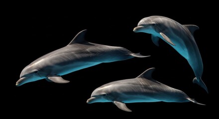 Obraz premium Three dolphins swim in dark blue water with light reflections