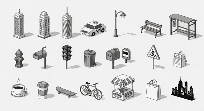 Collection of Isometric City Elements and Buildings.