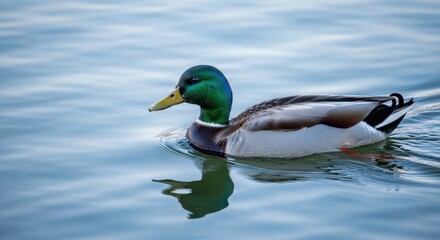 Obraz premium Male mallard duck swimming gracefully in calm blue water with ripples