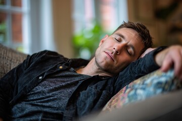 Fototapeta premium Man napping peacefully on a comfortable couch indoors, eyes closed, relaxed and resting. Head resting on arm