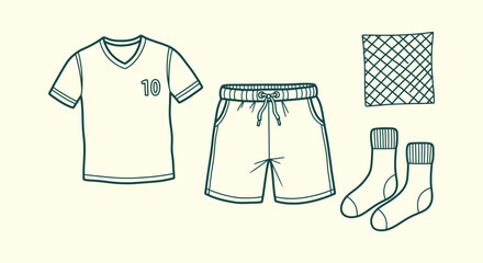 Hand-drawn soccer uniform kit with jersey shorts and socks line art illustration for sports design. © Bilkis Islam