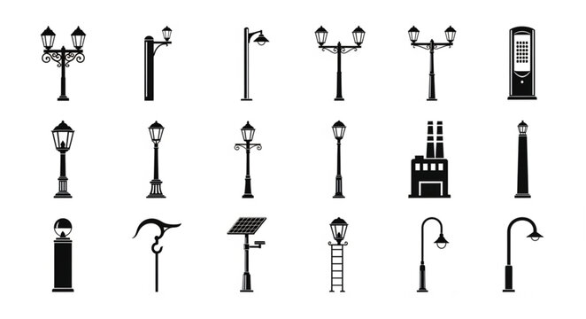 Collection of various street light and lamp post silhouettes.