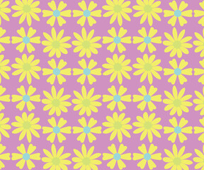 Fototapeta premium A bright and cheerful seamless pattern featuring yellow flower motifs with light blue centers on a purple background. This playful vector design is perfect for children's products spring-themed market