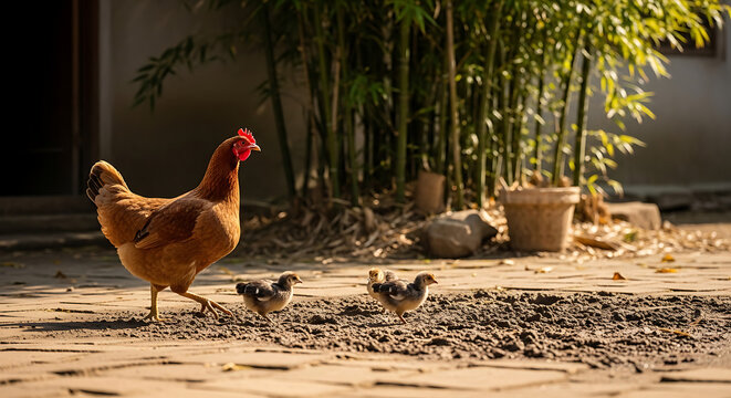 A handsome brown hen walks across paving stones, followed by two young chicks near a cluster of bamboo plants.