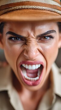 Close-up of a woman shouting fiercely. She has a wide open mouth with visible teeth, a wrinkled nose, and furrowed brows. Her expression conveys intense anger and frustration during the day