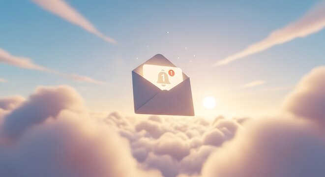 Cloud Notification 3D illustration of an email envelope with a bell icon floating above serene sky at sunrise, symbolizing new digital messages and timely communication