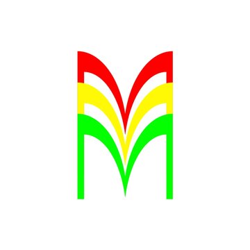 A stylized letter M logo design in red yellow and green stripes showing abstract flag colored typography vector illustration