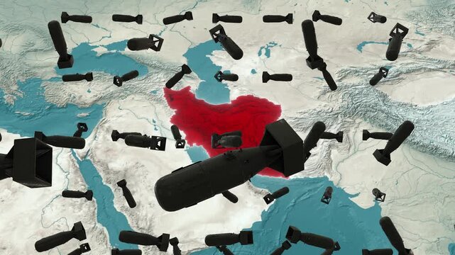 Conceptual Geopolitical Map Of Iran Highlighting Massive Air Strike And Bombs Falling From Sky