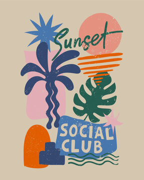 Sunset Social Club Typography Summer Graphic. monochrome hand Drawing Minimal Tropical Element's. vintage Retro T shirt Design. Girl's fashion Design. Boyes Print, women's Artwork. artistic design. 