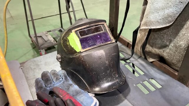 Used welding helmet with damaged lens sitting on workbench in metal workshop factory interior