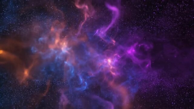 Vibrant purple and orange nebula swirls through deep space with stars
