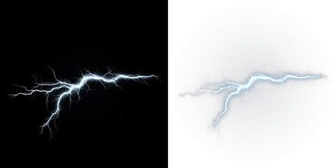 Blue and white lightning bolt striking downwards during a storm in the night sky against isolated on transparent and black background, light overlay, PNG © Liubov