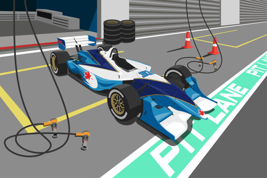 Vector illustration graphic of a championship racing car parked outside pits