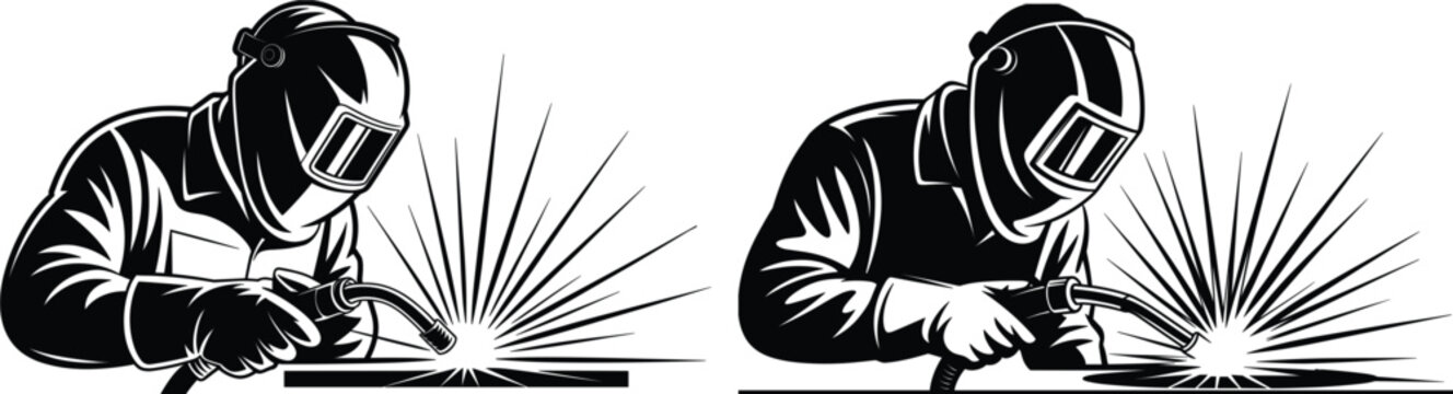 Welder working with torch illustration in bold black line art industrial style