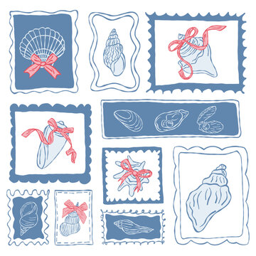 Vintage template postage stamps with sea shells and nautical elements. Decorative frames and borders for scrapbooking, mail and travel designs.