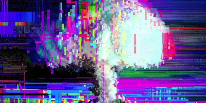 Nuclear explosion mushroom cloud digital glitch effect motion graphic animation video for modern screen background aesthetic