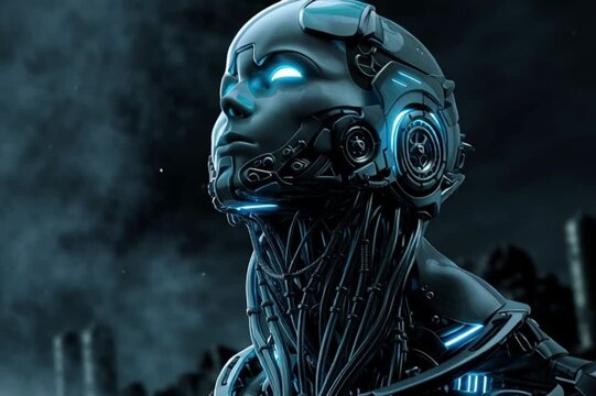 Android robot head profile featuring blue glowing lights in dark cinematic atmosphere digital motion video footage