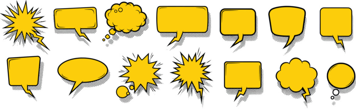 Collection of various comic book style speech bubbles and captions