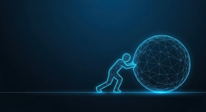 Digital figure pushing glowing geodesic sphere representing technological advancement and business growth