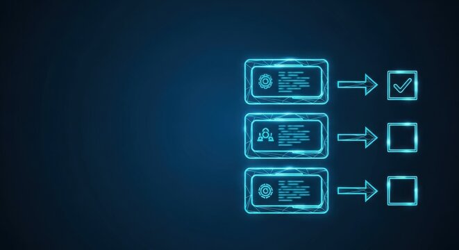Futuristic Digital Interface Panels with Glowing Technology Outlines on a Dark Blue Background