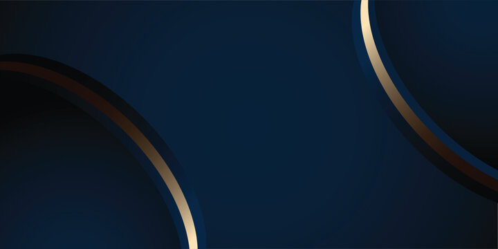 Abstract luxury dark navy blue background with elegant golden circular arcs. Modern minimalist geometric design with premium gold gradients and subtle shadows