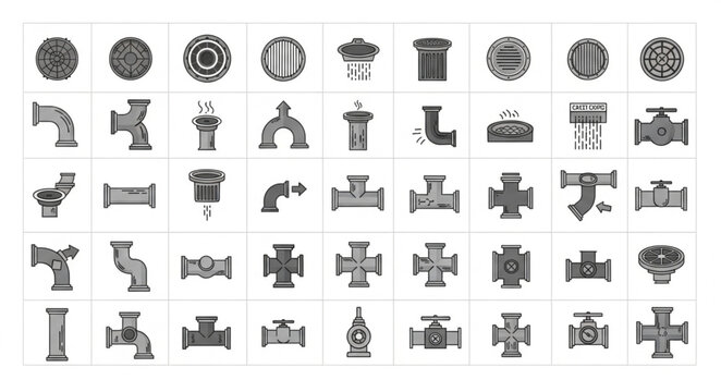 Collection of plumbing pipe fittings and valves icons.