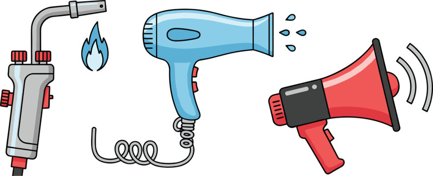 Hand Drawn Tool and Device Icon Set Featuring Blowtorch Hair Dryer and Megaphone for Industrial Work Communication and Equipment Design