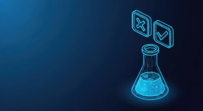 Digital Laboratory Flask with Decision Icons on Dark Background