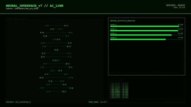 Futuristic Neural Interface HUD with AI Link Activity Monitor and Bio Data Synchronization Green Digital Screen Graphics.