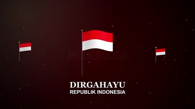 Happy 77th Independence Day of Indonesia celebration, red and white flags waving with text