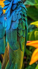 Obraz premium Macro closeup of macaw parrot feathers showcasing vibrant blue, green and yellow plumage, tropical bird wildlife texture, nature patterns