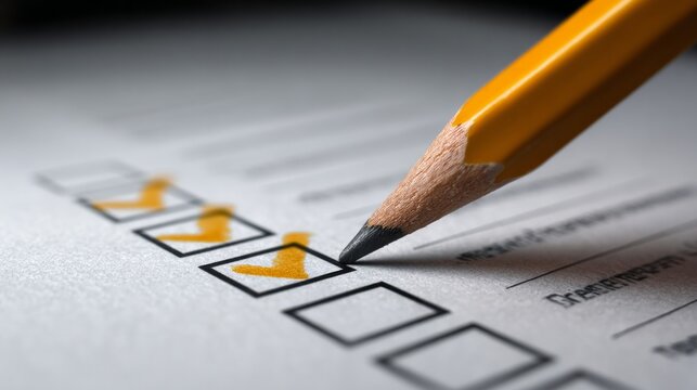 Yellow pencil marks checkmark on paper form