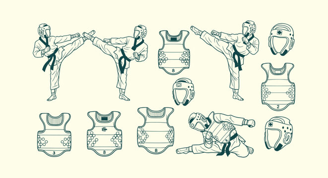 Taekwondo Martial Arts Line Art Set with Fighters Kicking and Protective Gear Head Guard Chest Hogu