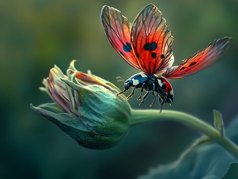 Vivid Ladybug Taking Off From Bud in Lush Greenery