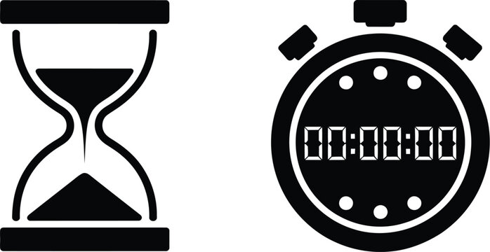 Black silhouette icons of a sand hourglass and a digital stopwatch representing traditional and modern time management concepts for business projects.
