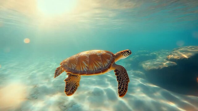 A sea turtle swims underwater, illuminated by sunlight filtering from above. Azure, sandy floor