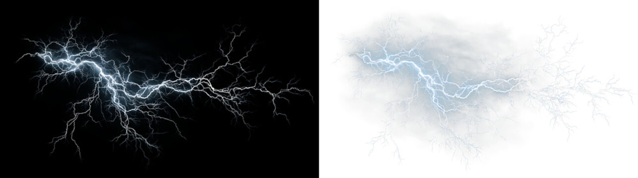 Blue and white lightning bolt strikes through dark clouds during a storm, light overlay, PNG