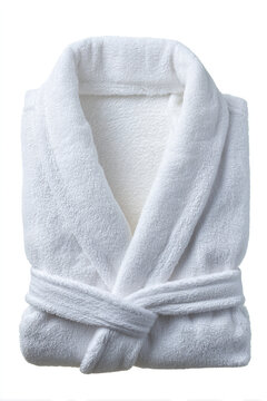 White folded terry cloth bathrobe with tied belt on a clean white background, dressing gow