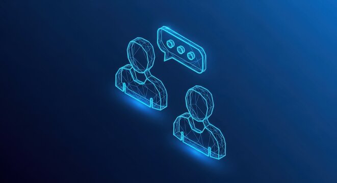 Two wireframe figures engaged in digital conversation with a glowing speech bubble