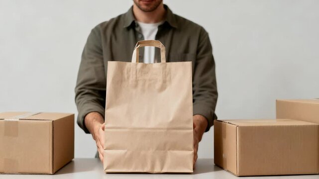 Man holding and presenting a brown paper bag with his hands on a table with several cardboard boxes
