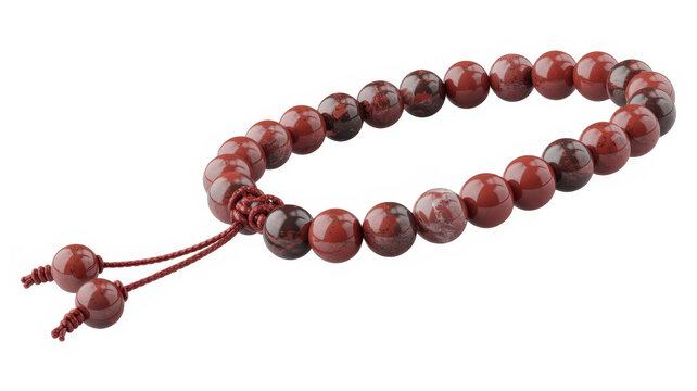 A bracelet made of polished red jasper stone beads with a red string, isolated on white