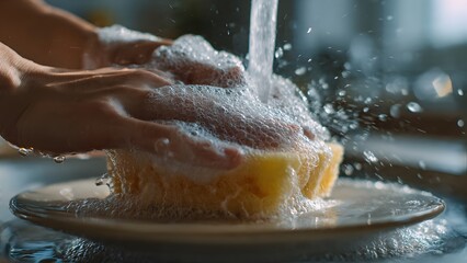 Fototapeta premium Landscape ultra‑realistic shot of hands rinsing a plate with a foamy sponge under running water in a modern kitchen sink, water splashing, bright light, cleanliness concept