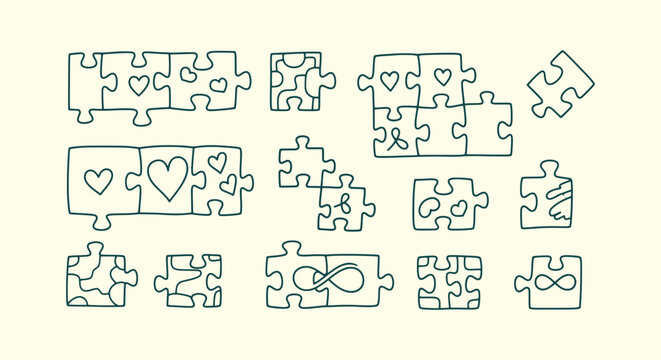 Hand drawn doodle puzzle pieces with hearts and infinity symbols for connection and love concepts