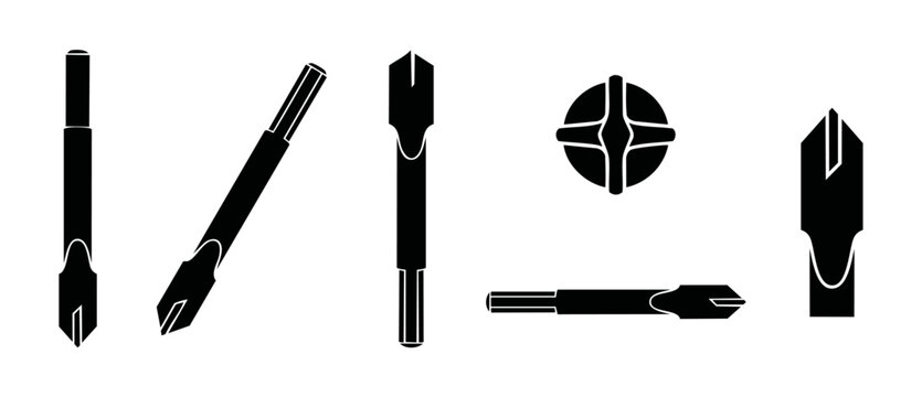 Drill bit set professional construction tool icons for wood drilling and metalwork, isolated vector silhouettes of industrial power tool bits for workshop repair, manufacturing, and hardware equipment