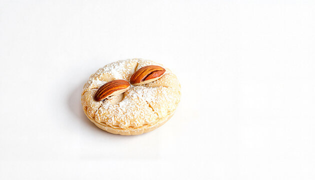 Almond-filled pastry with powdered sugar on white background  
