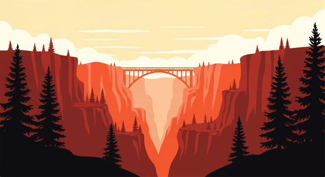 Vector flat design illustration of a majestic canyon with a bridge spanning across, set against a warm sunset sky
