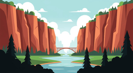 Vector flat design illustration of a majestic canyon landscape with a river flowing under a distant bridge © denijulianto