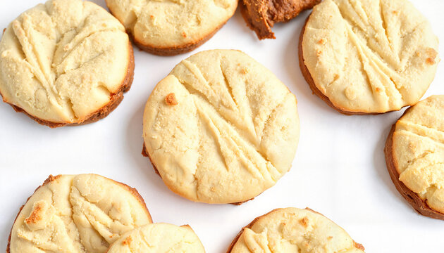 Assorted butter cookies with leaf imprint on white background  