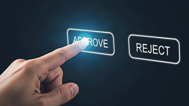 Hand pressing the approve button representing the concept of decision making.